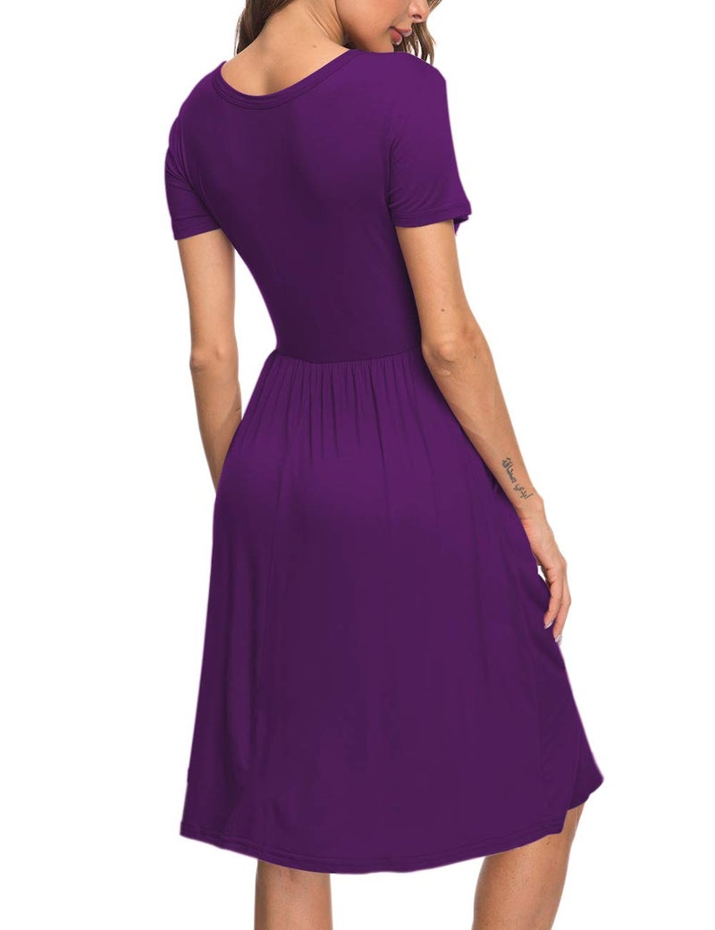 AUSELILY Women's Short Sleeve Empire Waist Dress Pleated Loose Swing Knee Length Dresses with Pockets 2026 New Purple XL - Image 5